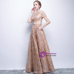 In Stock:Ship in 48 hours Gold Short Sleeve Prom Dress