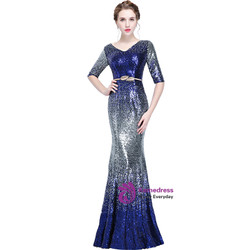 In Stock:Ship in 48 hours Mermaid Blue Sequins  V-neck  Short Sleeve Prom Dress