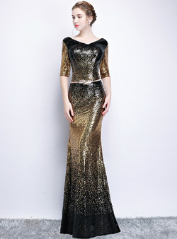 In Stock:Ship in 48 hours Mermaid Gold Black Sequins V-neck Short Sleeve Prom Dress