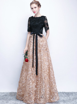 In Stock:Ship in 48 hours Gold Black Lace Short Sleeve Prom Dress