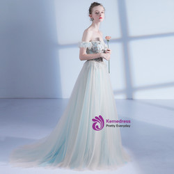 In Stock:Ship in 48 hours Off The Shoulder Tulle Backless Prom Dress