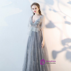 In Stock:Ship in 48 hours Gray Tulle V-neck Backless Prom Dress
