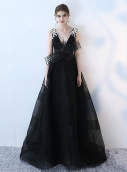 In Stock:Ship in 48 hours Black Deep V-neck Backless Prom Dress