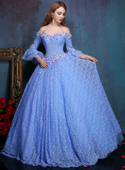 In Stock:Ship in 48 hours Blue Lace Short Sleeve Backless Off The Shoulder Dress