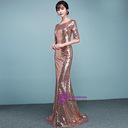 In Stock:Ship in 48 hours Mermaid Pink Short Sleeve Prom Dress