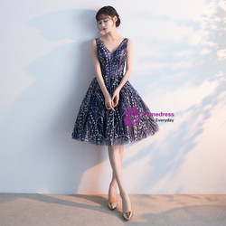 In Stock:Ship in 48 hours Blue Bling Bling V-neck Homecoming Dress