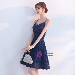 In Stock:Ship in 48 hours Blue Appliques Straps Backless Homecoming Dress