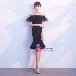In Stock:Ship in 48 hours Black Lace Mermaid Off Th Shoulder Homecoming Dress