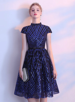 In Stock:Ship in 48 hours Blue High Neck Cap Sleeve Homecoming Dress