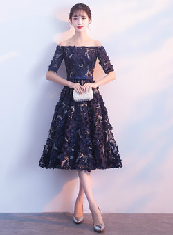 In Stock:Ship in 48 hours Blue Off The Shoulder Short Sleeve Prom Dress