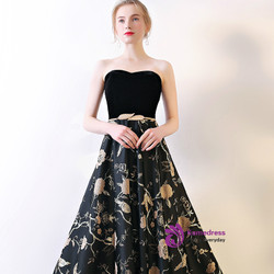 In Stock:Ship in 48 hours Black Strapless Satin Print Prom Dress