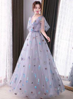 In Stock:Ship in 48 hours Blue Deep V-neck Backless Prom Dress