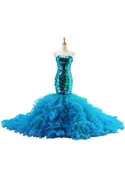 Blue Tulle Sequins Strapless Mermaid Trailing Wedding Dress Blue Tulle Sequins Strapless Mermaid Trailing Wedding Dress