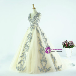 Champagne Deep V-neck Backless Appliques Wedding Dress