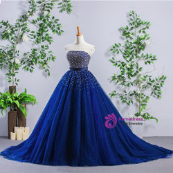 Luxury Blue Tulle Beading Strapless Bling Bling Wedding Dress