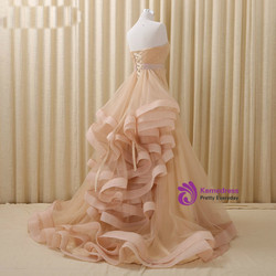 Champagne Tulle With Flower Strapless Backless Wedding Dress