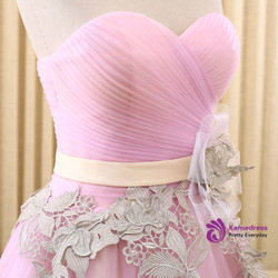 Pink Tulle Sweetheart Pleats With Flower Wedding Dress