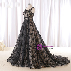 Black Lace Appliques Tulle Backless Wedding Dress
