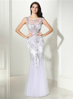 Mermaid White Sleeveless Rhinestone Beaded White Evening Dress