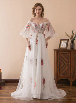 White Tulle Print Off The Shoulder Backless Floor Length Prom Dress