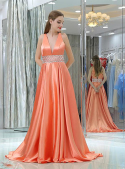 A-line V-neck Orange Satin Backless With Beading Prom Dress