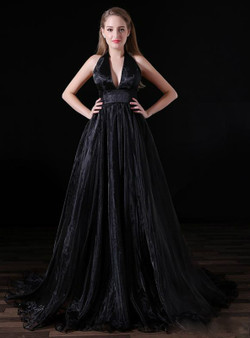 Black Halter Deep V neck Backless Tulle Floro Length Prom Dress