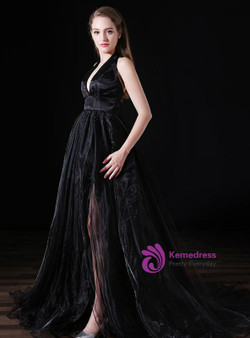 Black Halter Deep V neck Backless Tulle Floro Length Prom Dress