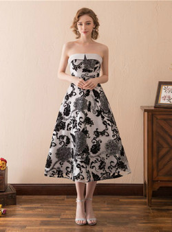 Tea Length Strapless Print Cocktail Tea Length Prom Dress