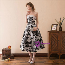 Tea Length Strapless Print Cocktail Tea Length Prom Dress