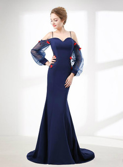 Blue Mermaid Satin Strap Backless Long Sleeve Prom Dress