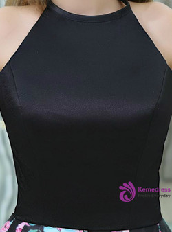 Black Print Halter Backless Satin Floor Length Prom Dress