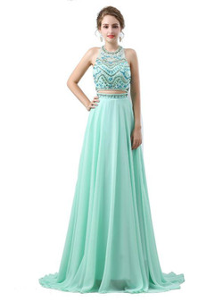 Green Halter Two Piece Backless Chiffon Floor Length Prom Dress