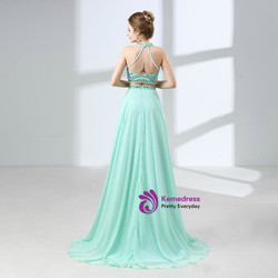 Green Halter Two Piece Backless Chiffon Floor Length Prom Dress