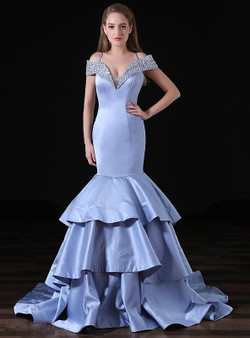 Blue Mermaid Satin Word Shoulder Prom Dress With Beading