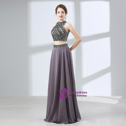 Gray Two Piece High Neck Chiffon Backless Floor Length Prom Dress