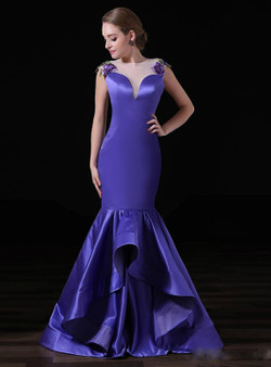 Purple Satin Mermaid Applique Lace Sexy See Through Back Prom Dress