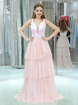 Sweet Pink Lace Satin Deep V-neck Floor Length Prom Dress