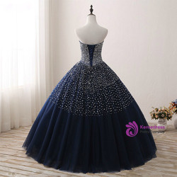 Navy Blue Crystals Tulle Beaded Sweetheart Ball Gown Quinceanera Dresses