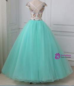 Blue Two Piece Tulle Backless Cap Sleeve Quinceanera Dress