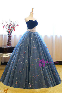 Blue Ball Gown Tulle Floor Length Strapless Princess Quinceanera Dresses