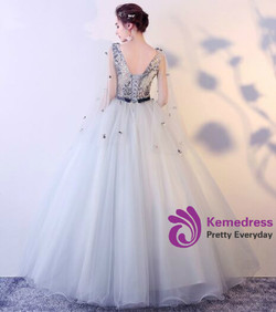 In Stock:Ship in 48 hours Pink Ready To Ship Gray Tulle V-neck Quinceanera Dresses