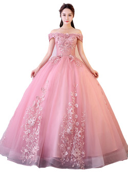 In Stock:Ship in 48 hours Ready To Ship Pink Ball Gown Off The Shoulder Dress