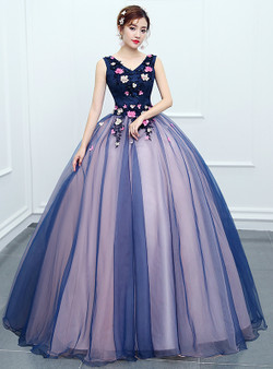 In Stock:Ship in 48 hours Ready To Ship Blue V-neck Quinceanera Dresses