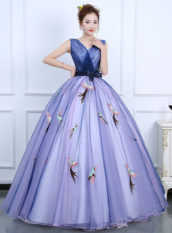 In Stock:Ship in 48 hours Ready To Ship Blue V-neck Tulle Quinceanera Dresses