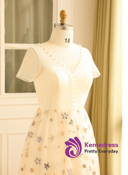 Plus Size Yellow Tea Length Tulle Short Sleeve Prom Dress