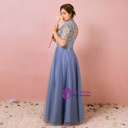 Plus Size High Neck Tulle Lace Short Sleeve Prom Dress