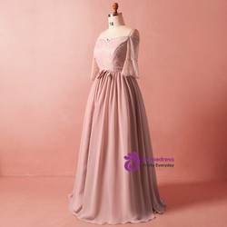 Plus Size Pink Chiffon Short Sleeve Off The Shoulder Prom Dress