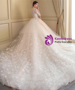 Ball Gown Long Sleeve Tulle Appliques Long Train Wedding Dress