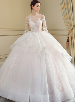 Ball Gown Long Sleeve Backless Tulle Train Wedding Dress