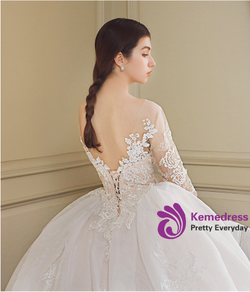 Ball Gown Long Sleeve Backless Tulle Train Wedding Dress
